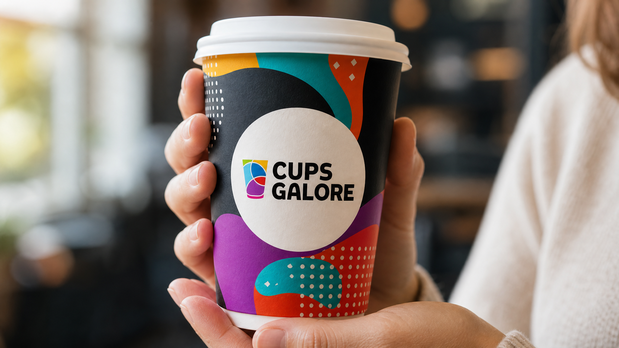 Custom-printed paper coffee cup in cafe setting