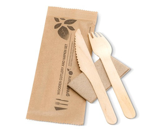 wooden fork, knife, spoon and napkin